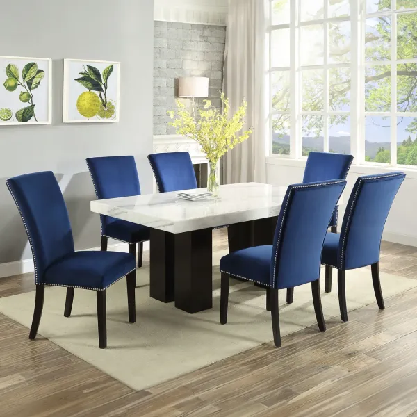 Steve Silver Camila 7-Piece Table With 6 Blue Velvet Side Chairs Set