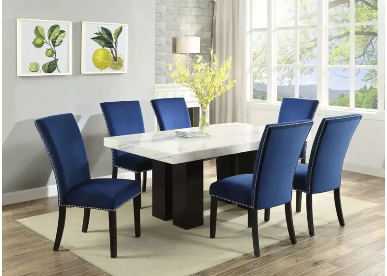 Steve Silver 7-Piece Camila Table with 6 Blue Velvet Side Chairs