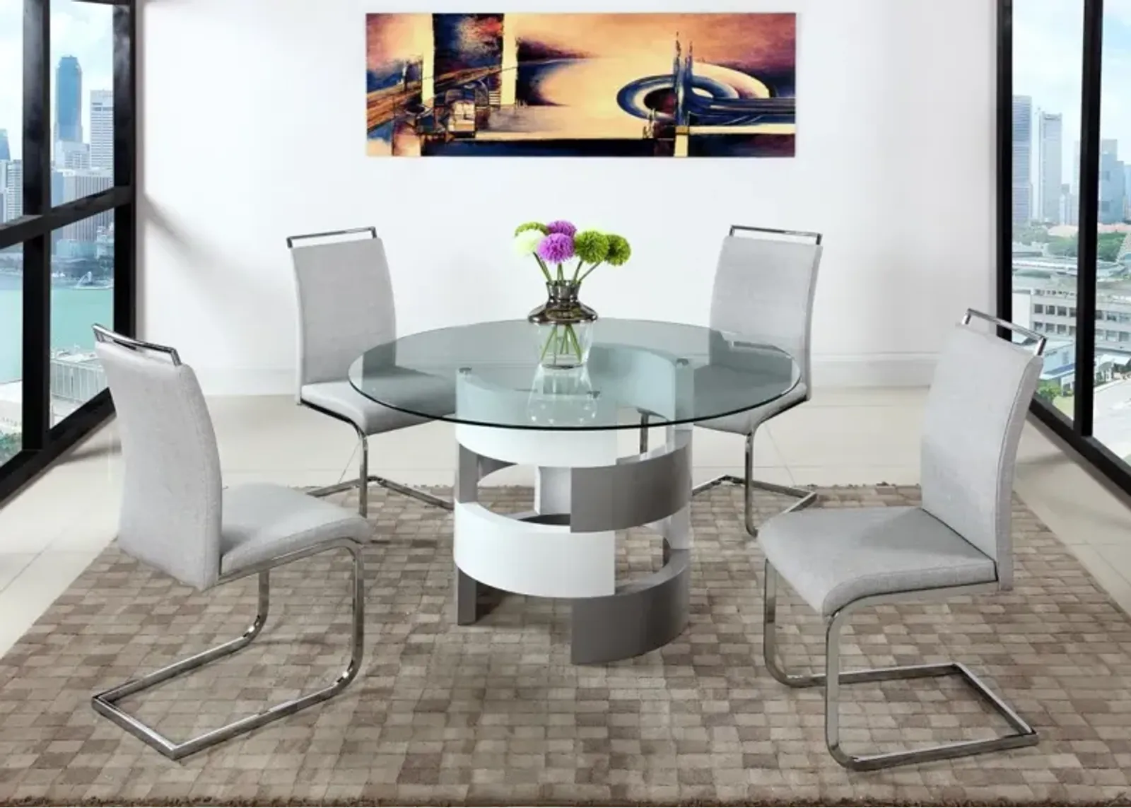 Chintaly Sunny Contemporary Dining Set with Round Glass Table & Cantilever Chairs