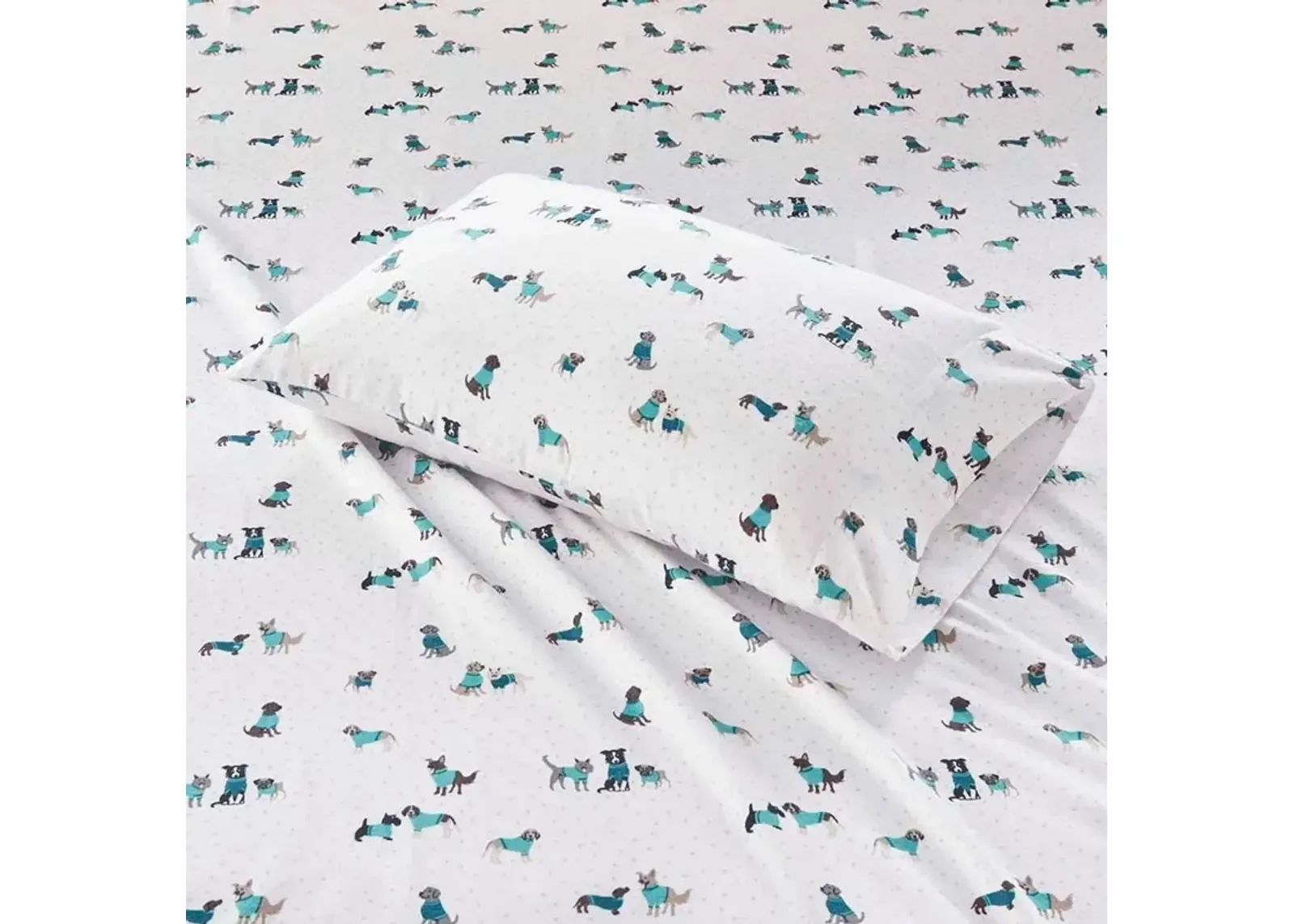 Olliix Intelligent Design Twin XL Teal Dogs Cozy Soft Cotton Novelty Print Flannel Sheet Set