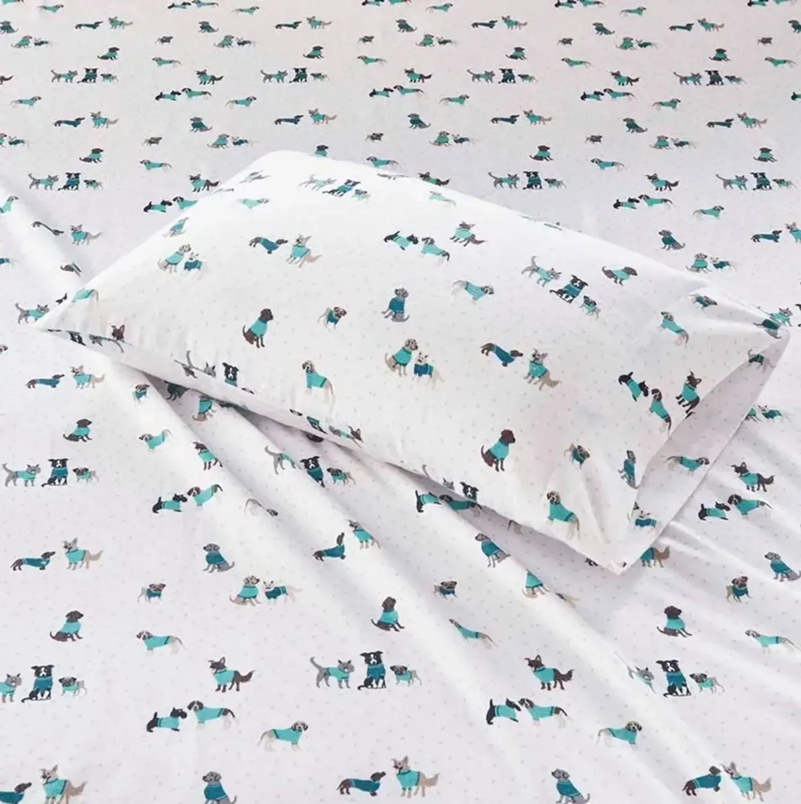 Olliix Intelligent Design Twin XL Teal Dogs Cozy Soft Cotton Novelty Print Flannel Sheet Set