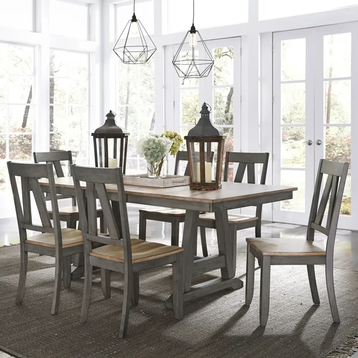 7-Piece Gray & Sandstone Trestle Dining Table Set - Lindsey Farm