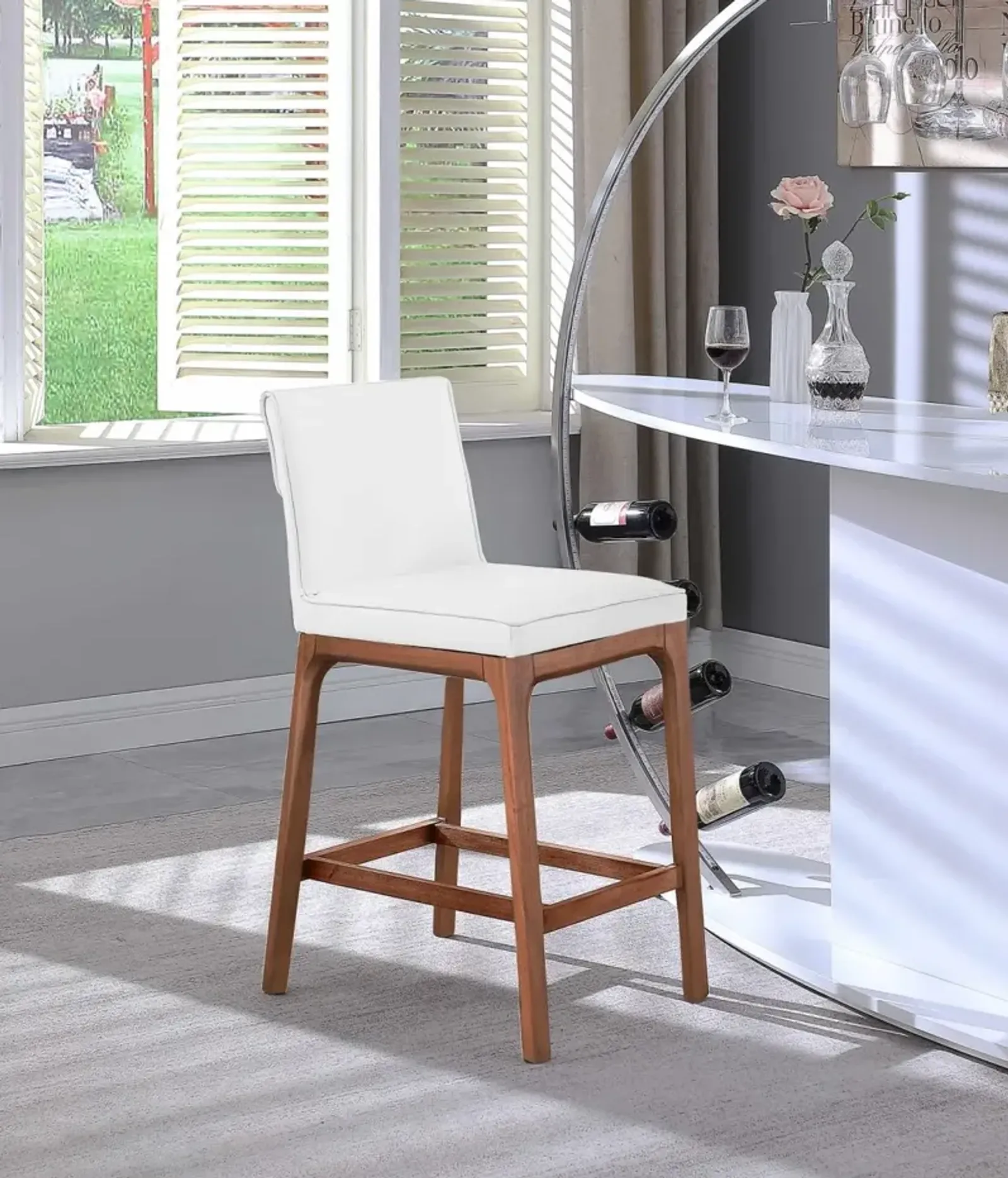 Chintaly Emma White/Walnut Modern Low-Back Counter Stool with Solid Wood Base