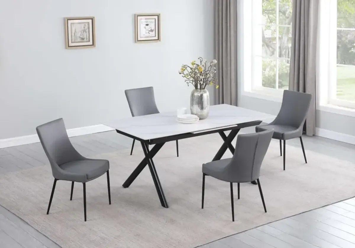 Chintaly Karol Dining Set with Extendable White Marbleized Stone Top Table & 4 Chairs