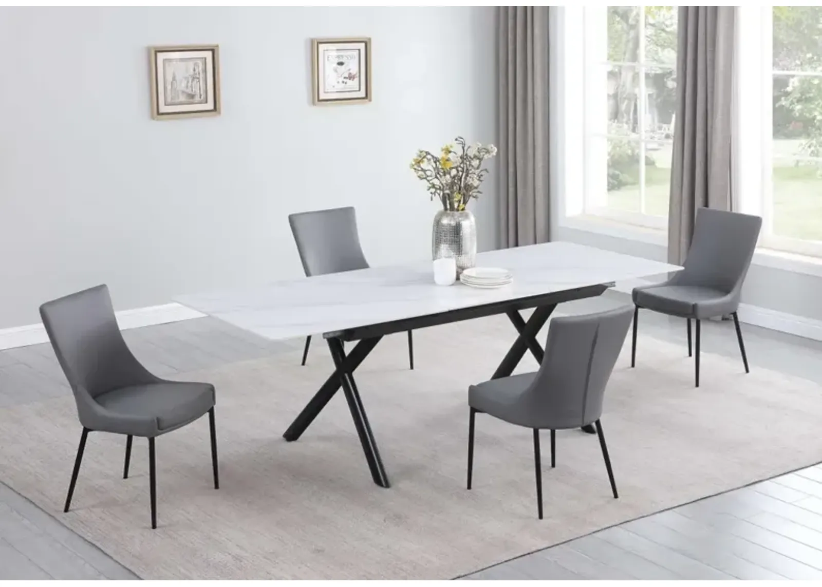 Chintaly Karol Dining Set with Extendable White Marbleized Stone Top Table & 4 Chairs