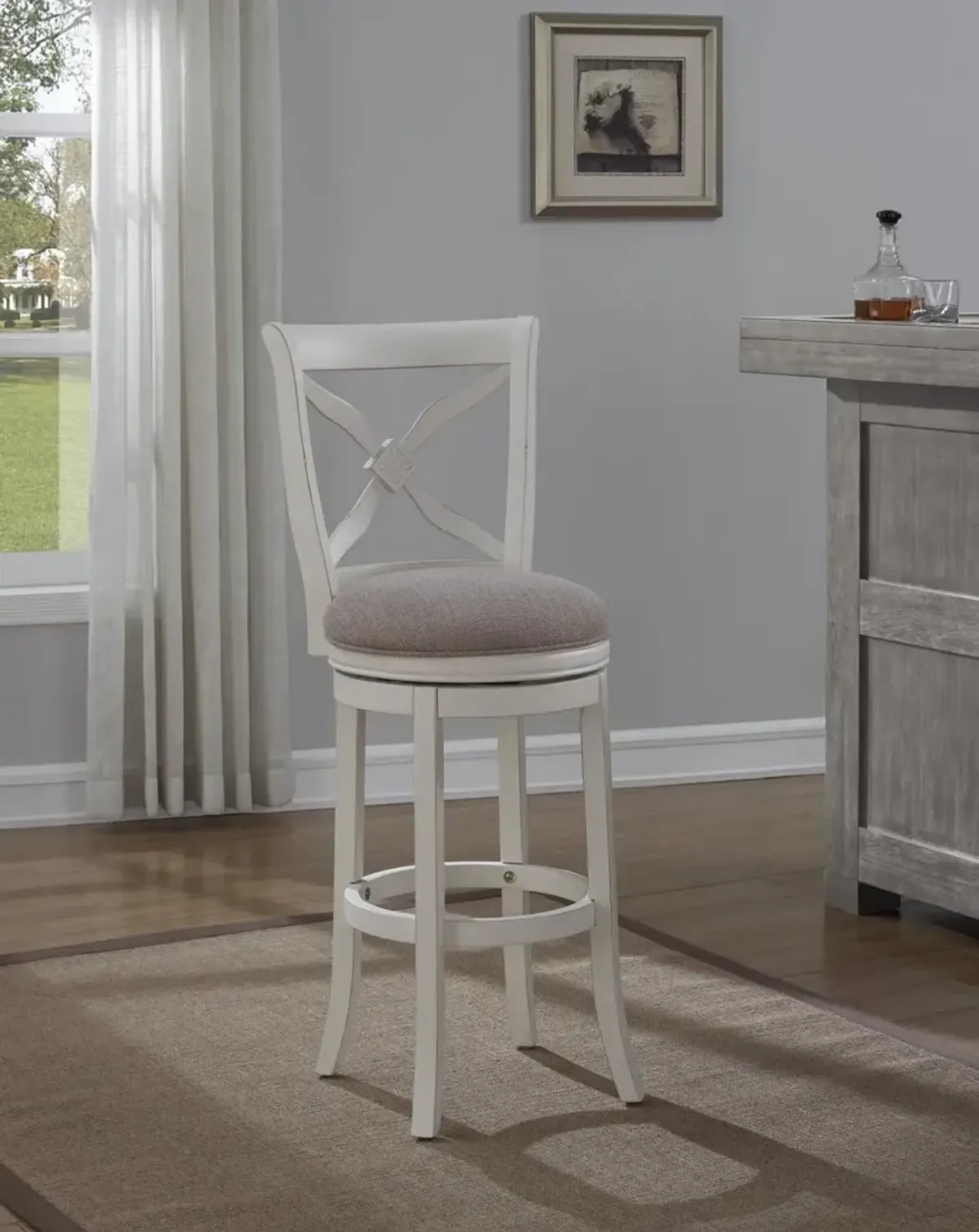 American Woodcrafters Accera Stool with Wood Frame Back in Distressed Antique White