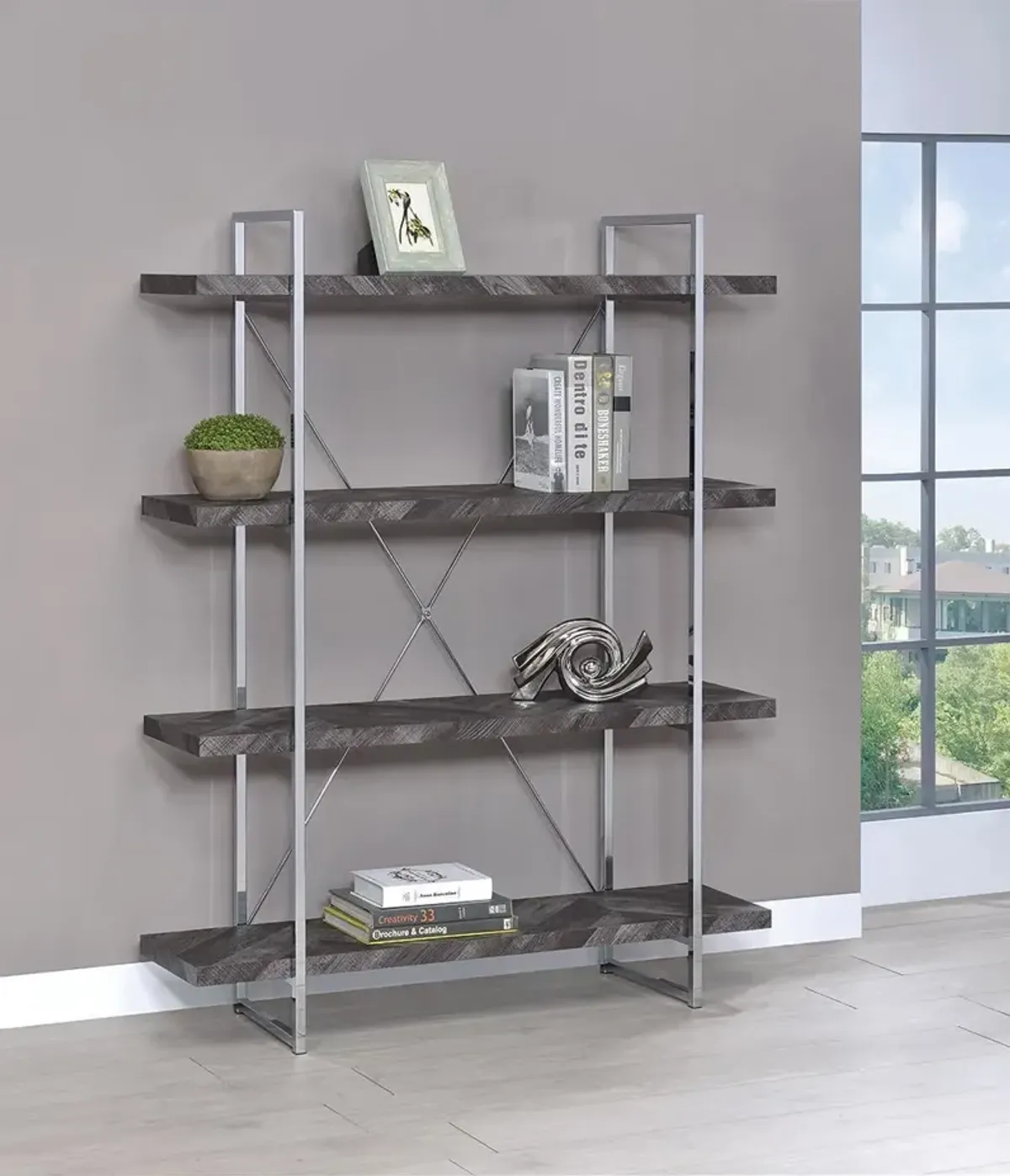 Coaster Grimma 63 Inch 4-Shelf Bookshelf Rustic Grey & Chrome