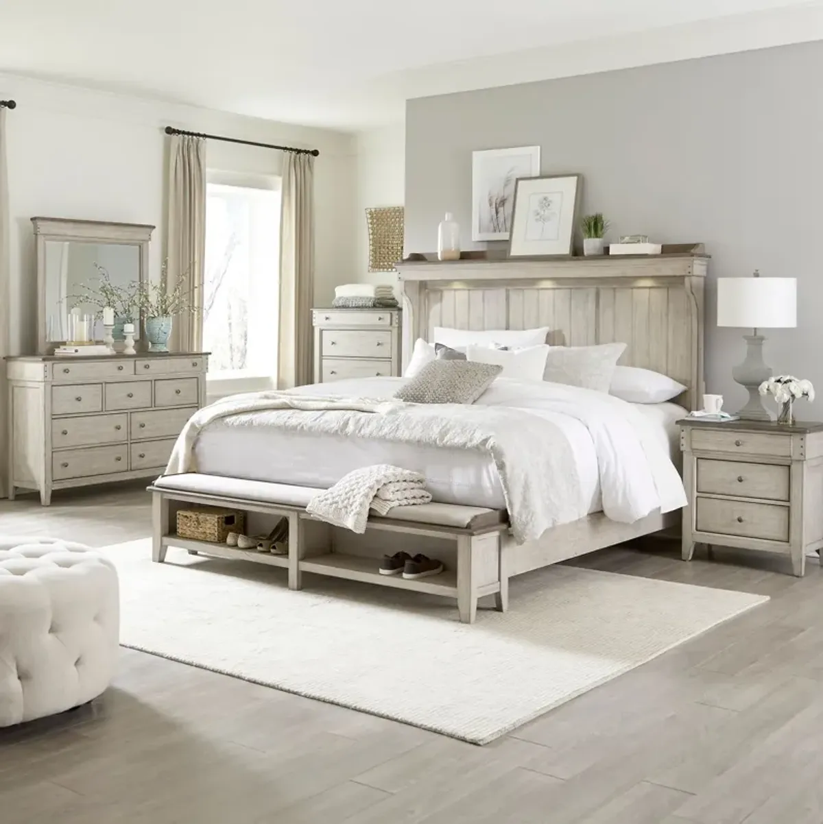 Liberty Furniture Complete Queen Bedroom Set Lights Storage Bed, Dresser, Mirror, Chest & Nightstand Ivy Hollow