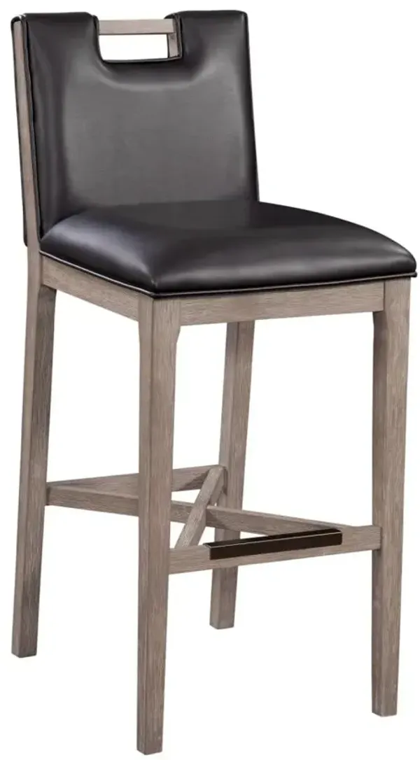 American Woodcrafters Jakarta Wooden Stool with Leather Wrapped Back & Handle in Driftwood Grey