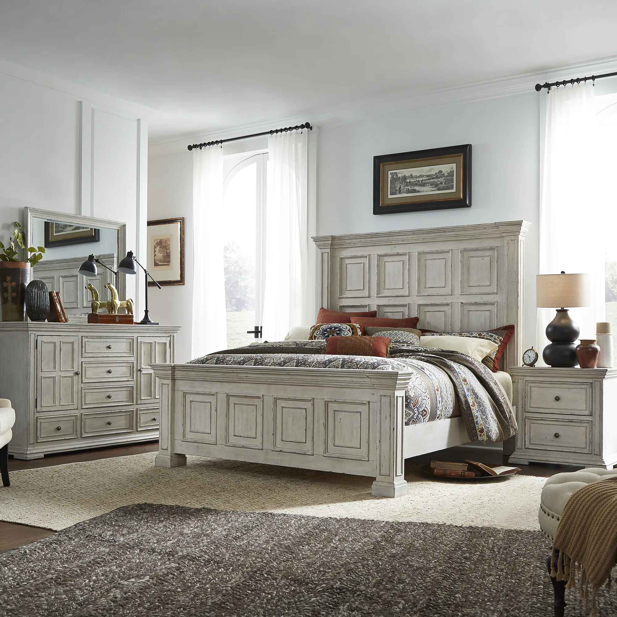 KING CALIFORNIA PANEL BED DRESSER & MIRROR NIGHT STAND - BIG VALLEY
