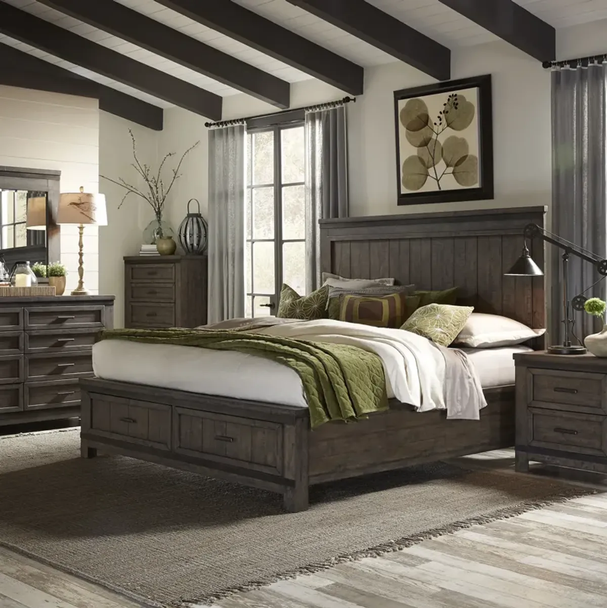 Liberty Furniture Complete King Bedroom Set Two-Sided Storage Bed, Dresser, Mirror & Nightstand Thornwood Hills