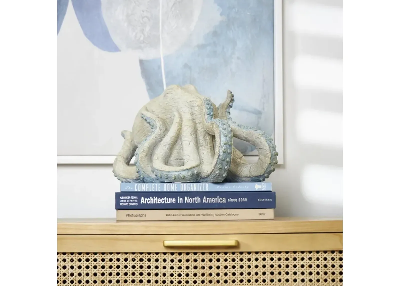 UMA Home Decor Beige Polystone Octopus Sculpture with Light Blue Tentacles