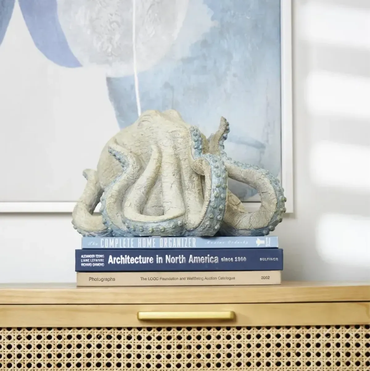 UMA Home Decor Beige Polystone Octopus Sculpture with Light Blue Tentacles