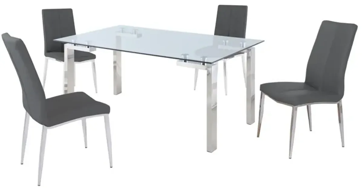 Chintaly 5-Piece Cristina Contemporary Dining Set with Glass Table & Ash Grey Upholstered Chairs