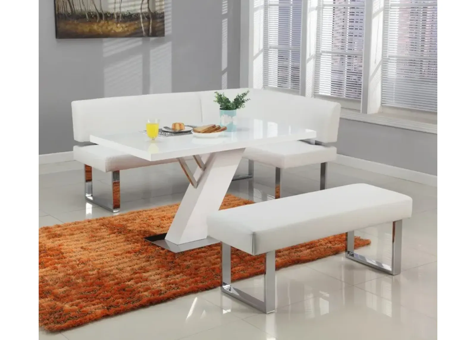 Chintaly Linden White Contemporary Upholstered Dining Bench with Steel Legs