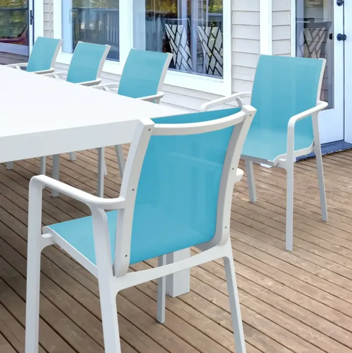Compamia Pacific 11-Piece Dining Set with Sling Arm Chairs White Frame Turquoise Sling