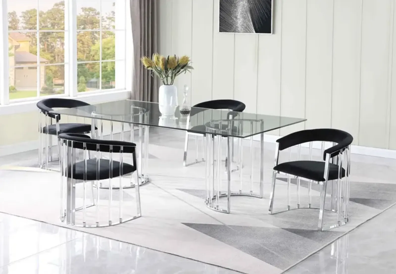 Chintaly Trisha Dining Set with 44 Inch X 84 Inch Glass Top Table & Acrylic Arm Chairs