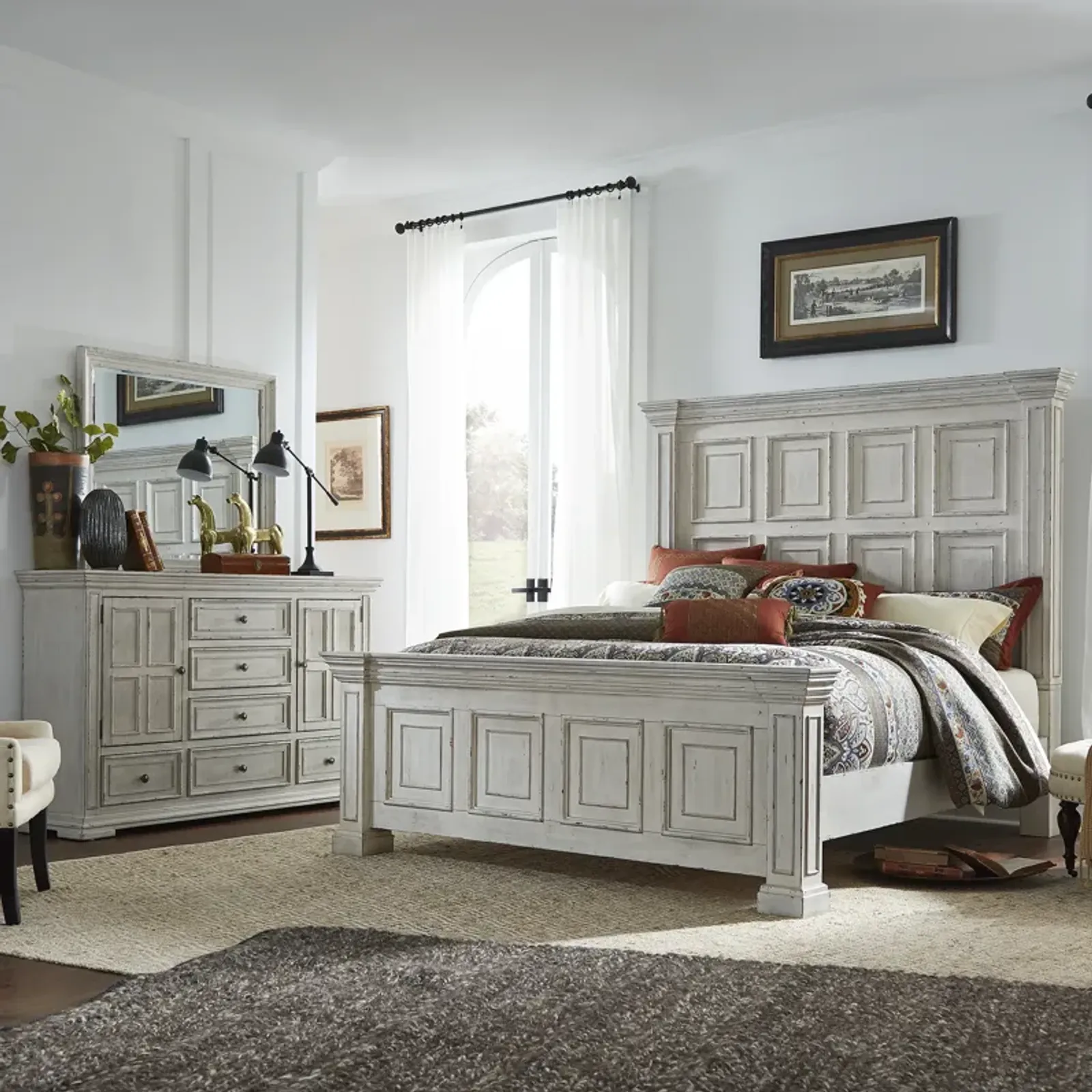 Liberty Furniture Big Valley Complete Queen Bedroom Set Panel White Bed, Dresser & Mirror