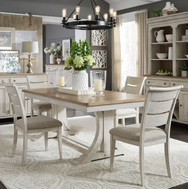 Liberty Furniture 5-Piece Antique White Chestnut Trestle Dining Table Set with Ladder Back Side Chairs Farmhouse Reimagined
