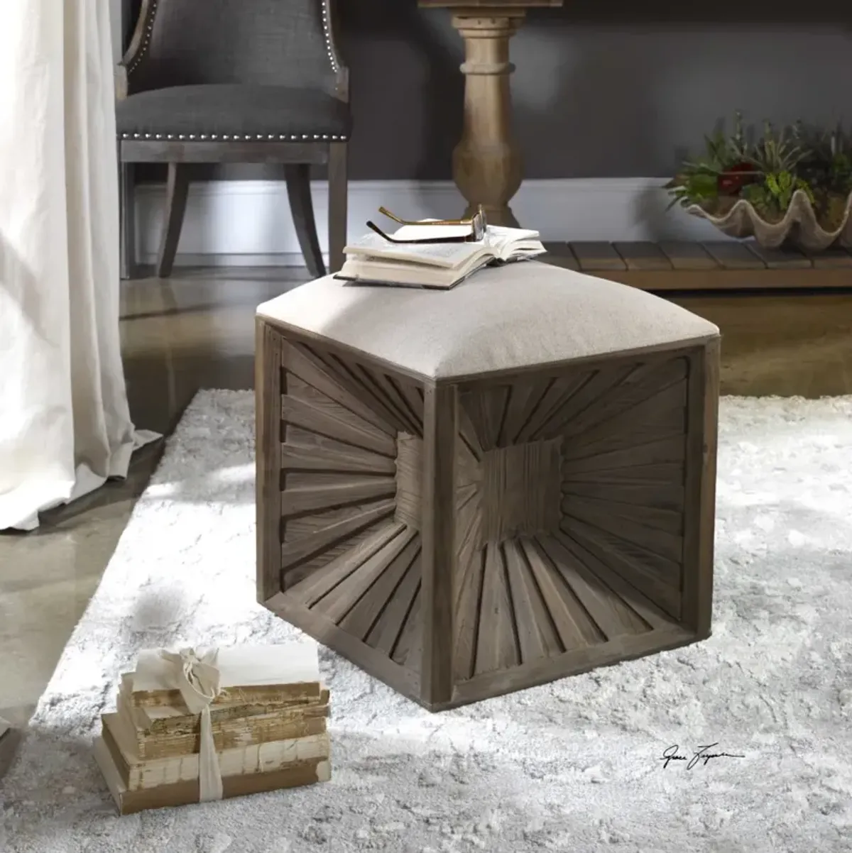 Uttermost Jia Tan Linen Ottoman