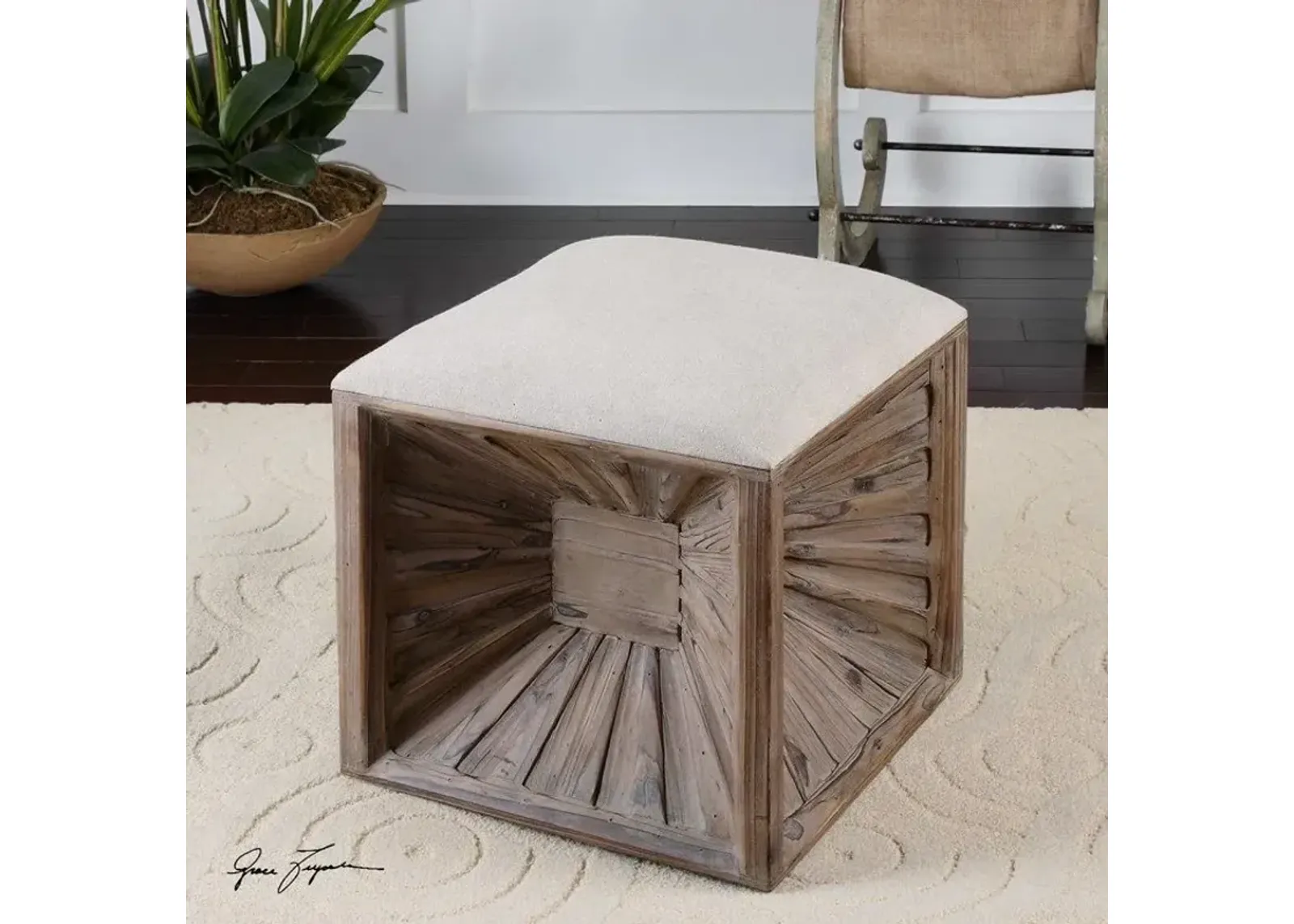 Uttermost Jia Tan Linen Ottoman