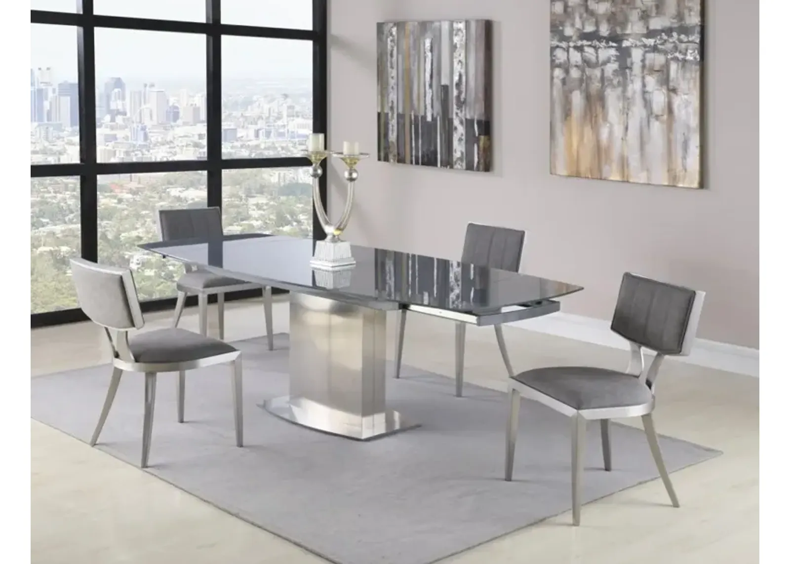 Chintaly Mavis Contemporary Dining Set with Extendable Gray Glass Table & Upholstered Chairs