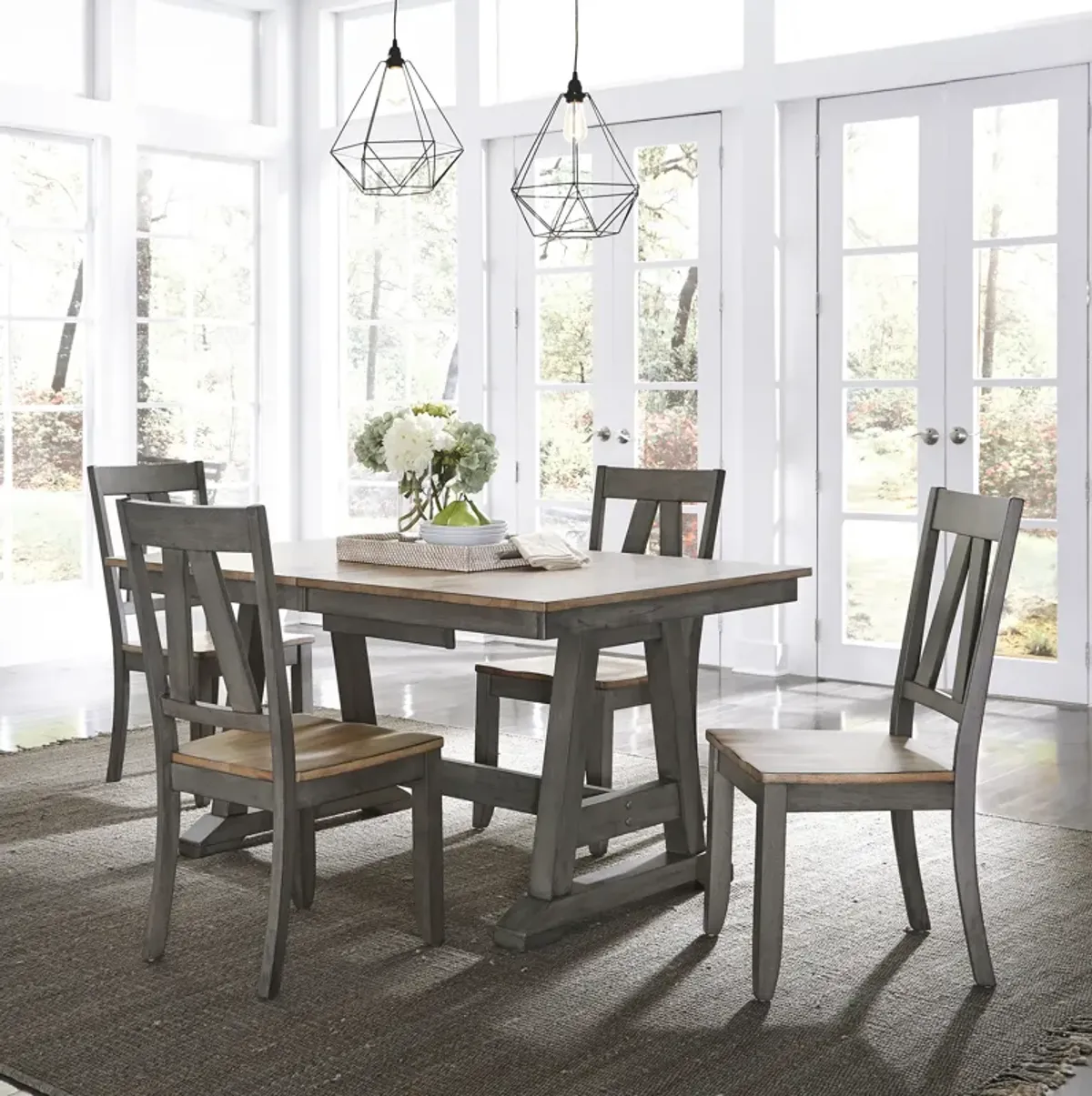 Liberty Furniture 5-Piece Gray & Sandstone Trestle Dining Table Set Lindsey Farm