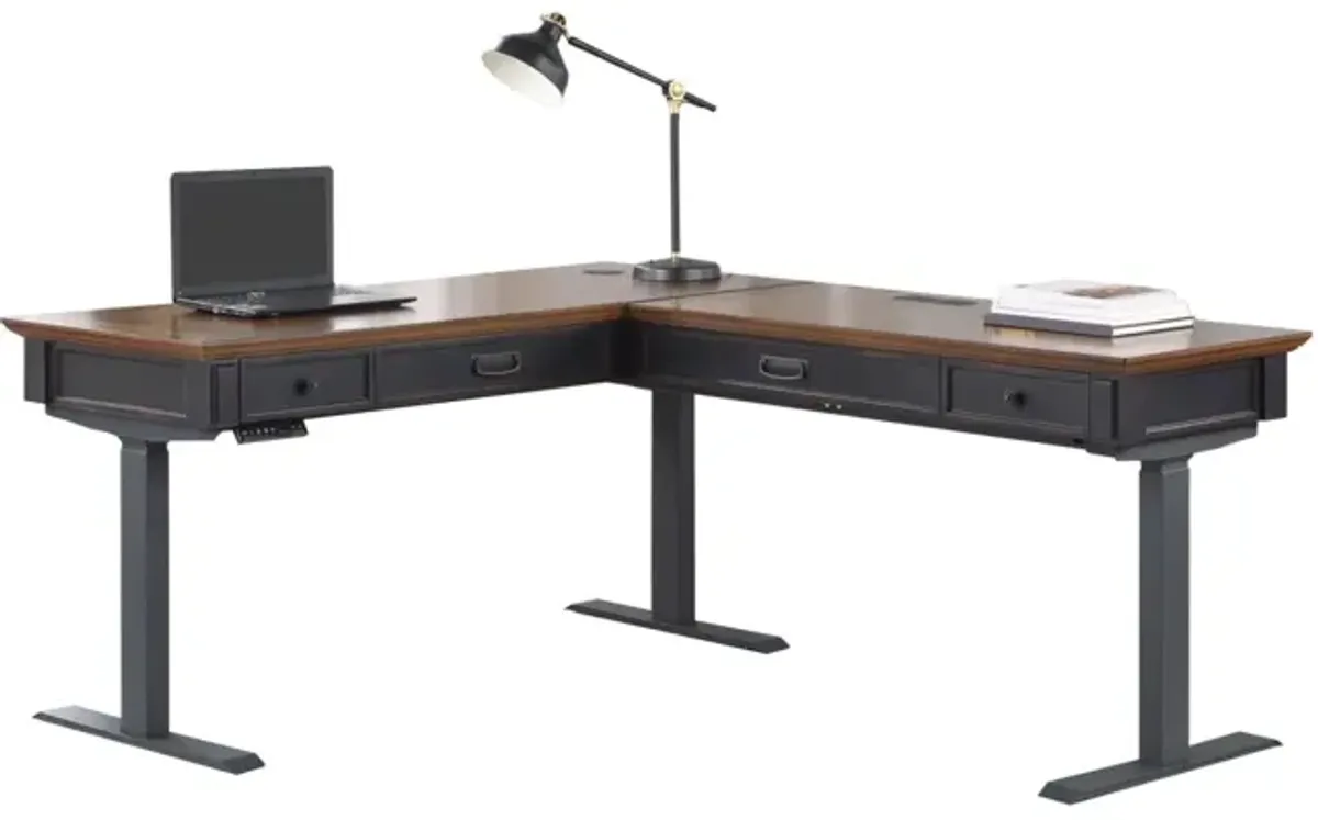 Martin Furniture Hartford Black Rub Through with Wood Plank Top L-Shape Electric Sit/Stand Desk