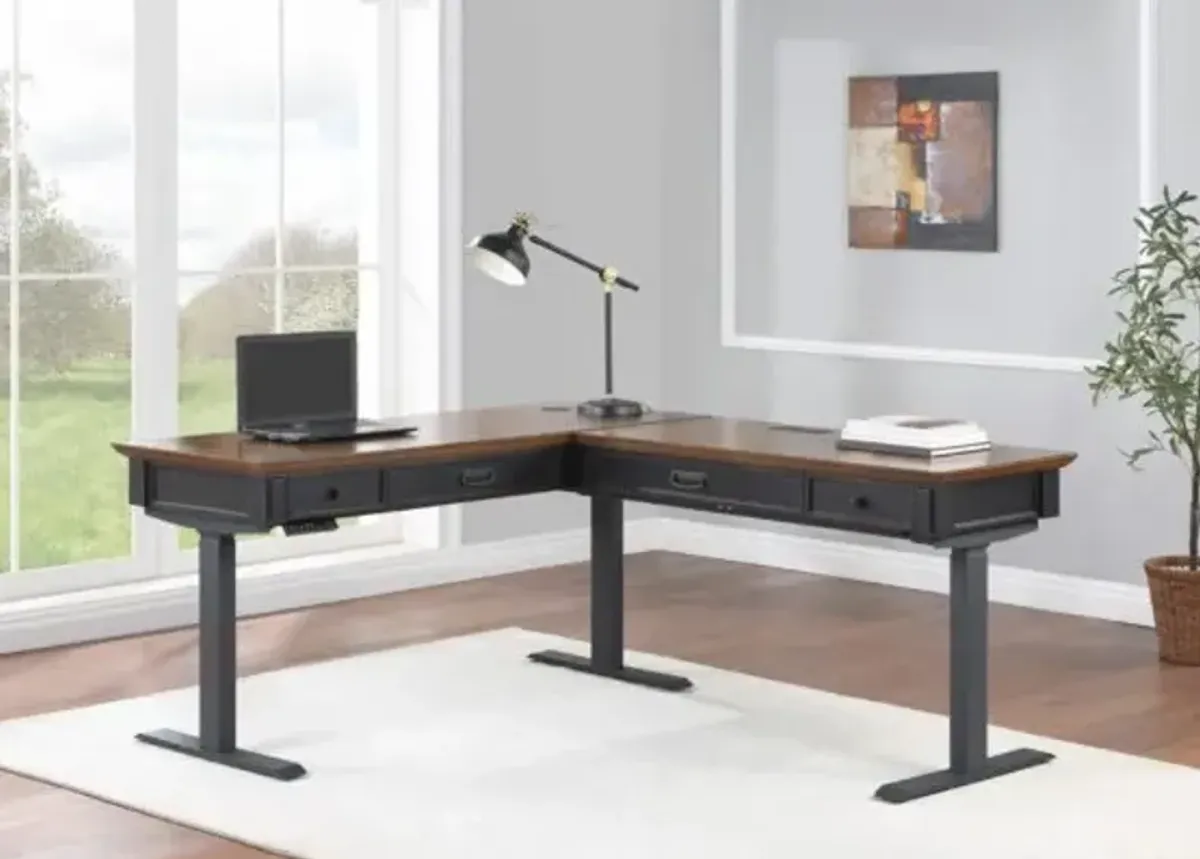 Martin Furniture Hartford Black Rub Through with Wood Plank Top L-Shape Electric Sit/Stand Desk