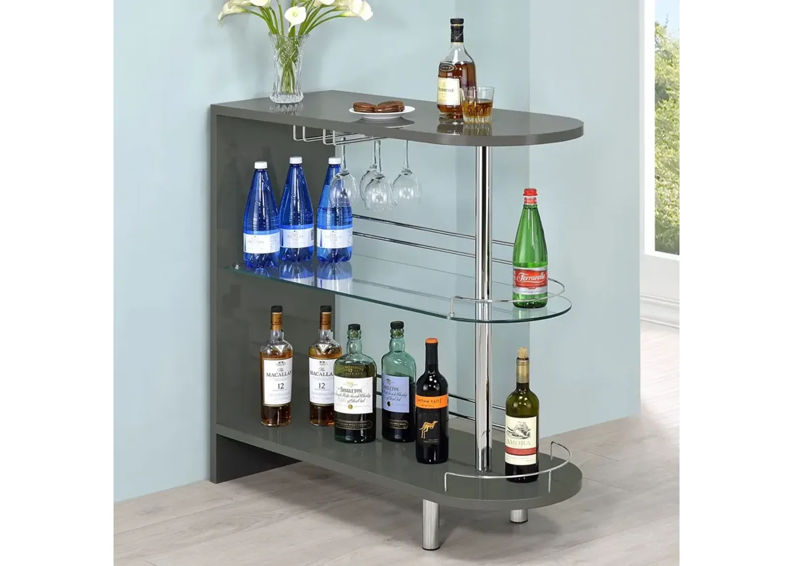 Coaster Adolfo Rectangular 2-Tier Home Bar Table Grey High Gloss