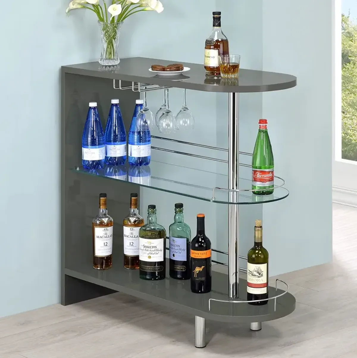 Coaster Adolfo Rectangular 2-Tier Home Bar Table Grey High Gloss