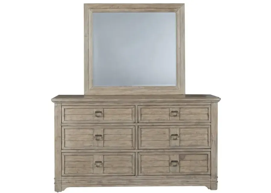 MEADOWBROOK SAND QUEEN ARCHED PANEL BED, DRESSER, MIRROR, 1-DRAWER NIGHTSTAND & CHEST