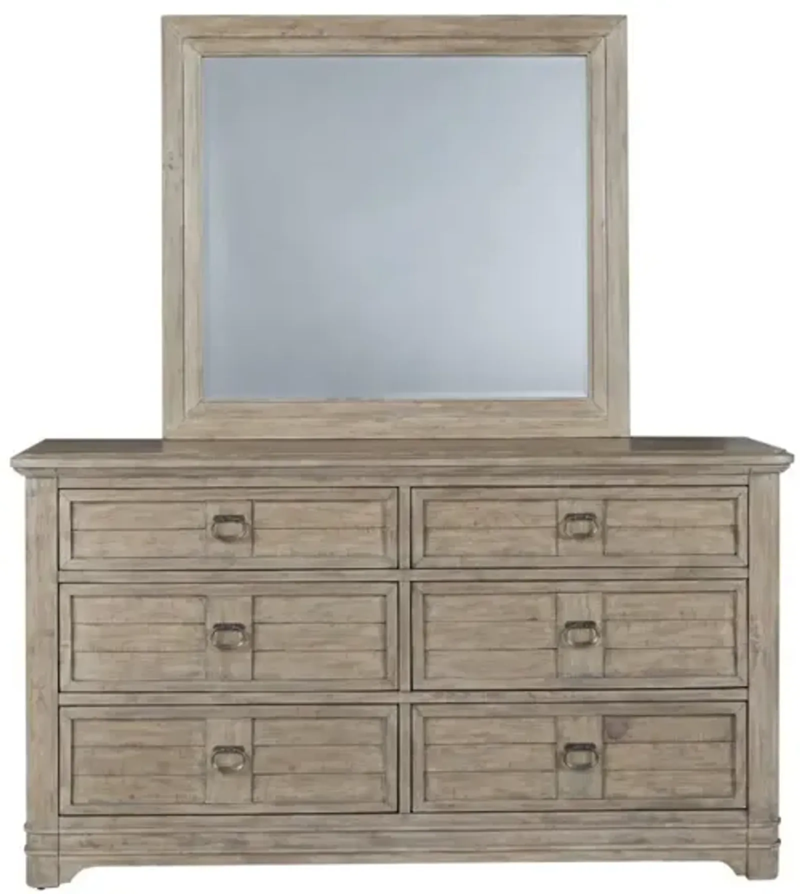 American Woodcrafters Meadowbrook Sand Queen Arched Panel Bed Dresser Mirror 1-Drawer Nightstand & Chest