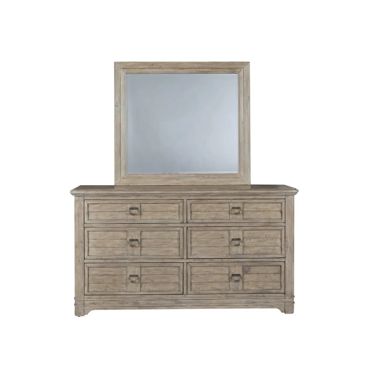 MEADOWBROOK SAND QUEEN ARCHED PANEL BED, DRESSER, MIRROR, 1-DRAWER NIGHTSTAND & CHEST