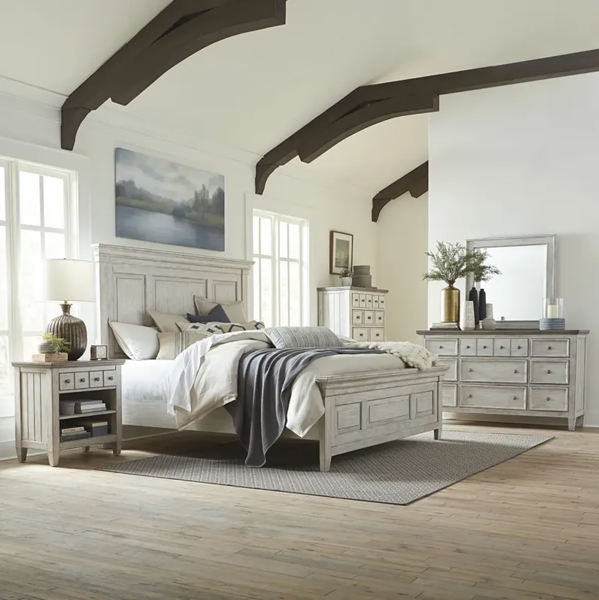 KING PANEL BED DRESSER & MIRROR CHEST NIGHT STAND - HEARTLAND