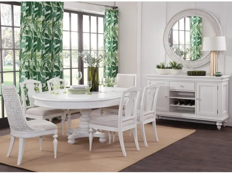 RODANTHE DOVE WHITE WITH RUB-THROUGH 8-PIECE DINING SET - PEDESTAL TABLE, 4 SPLAT BACK CHAIRS, 2 HOST CHAIRS & SERVER