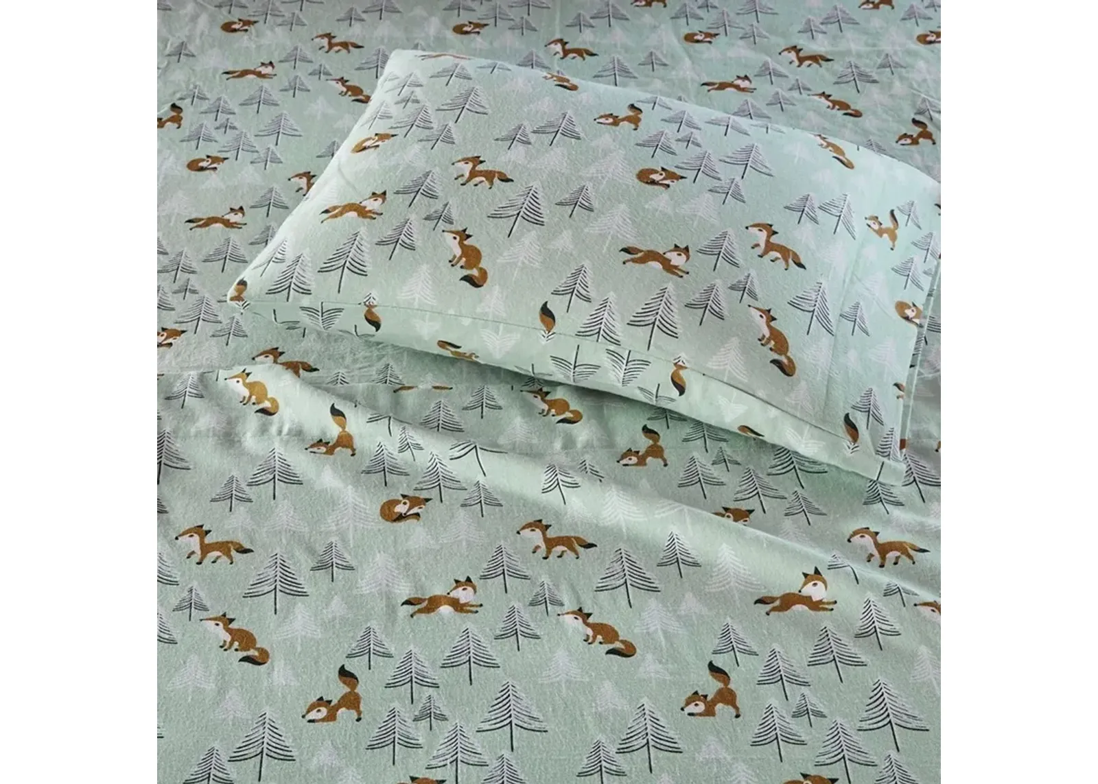 Olliix Intelligent Design Full Seafoam Foxes Cozy Soft Cotton Novelty Print Flannel Sheet Set