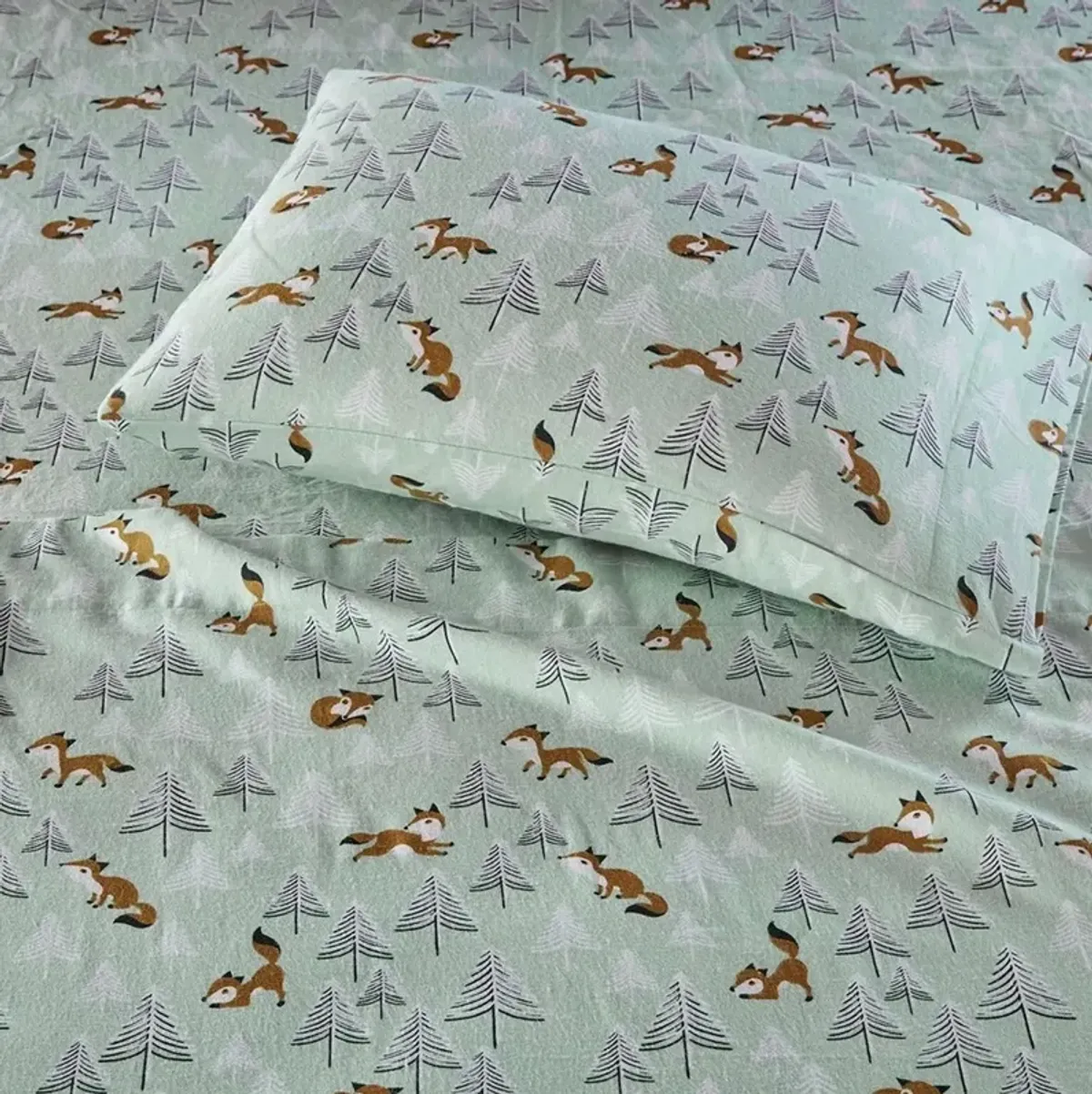 Olliix Intelligent Design Full Seafoam Foxes Cozy Soft Cotton Novelty Print Flannel Sheet Set