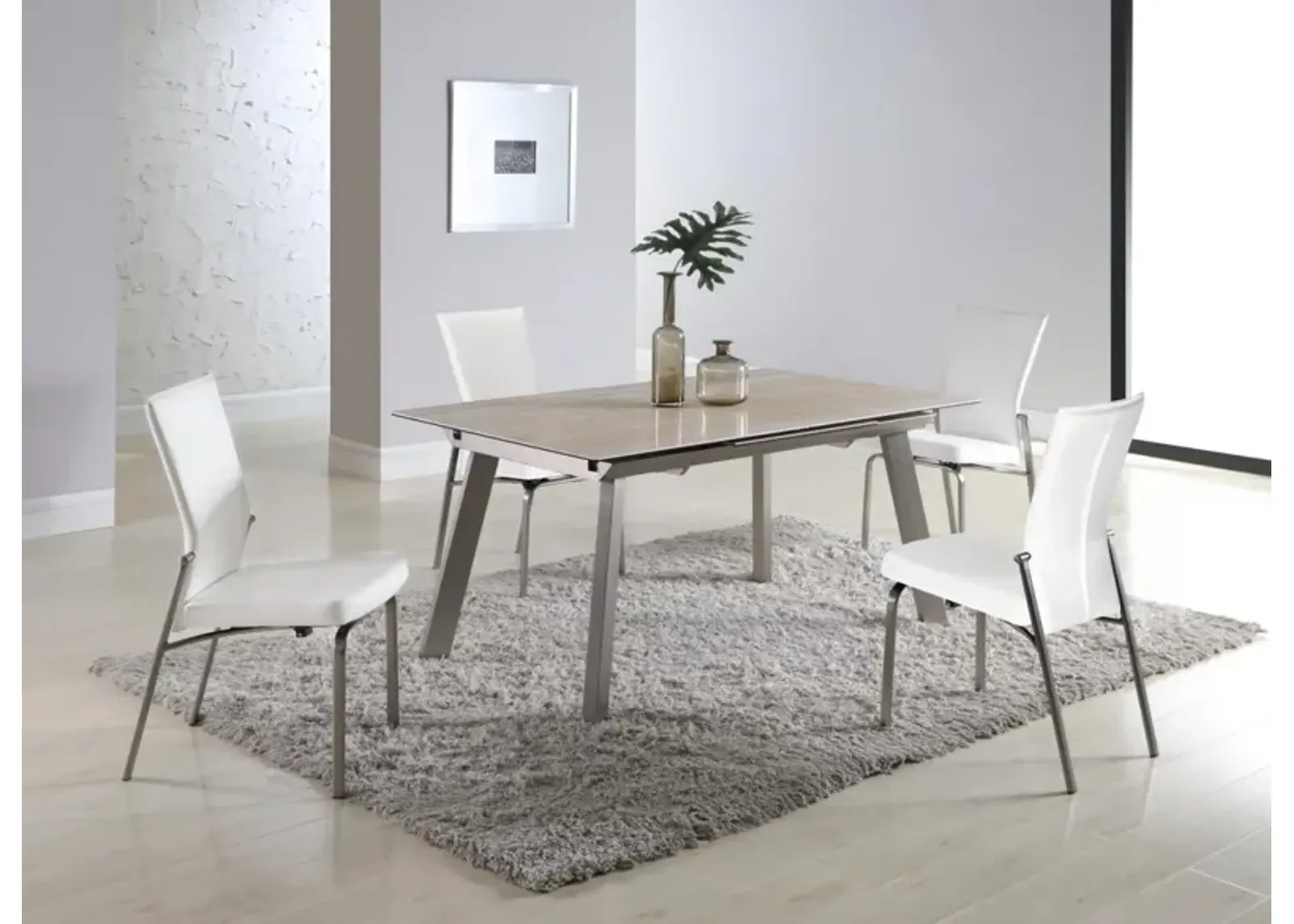 ELEANOR GLASS & CERAMIC DINING TABLE WITH POP UP EXTENSION