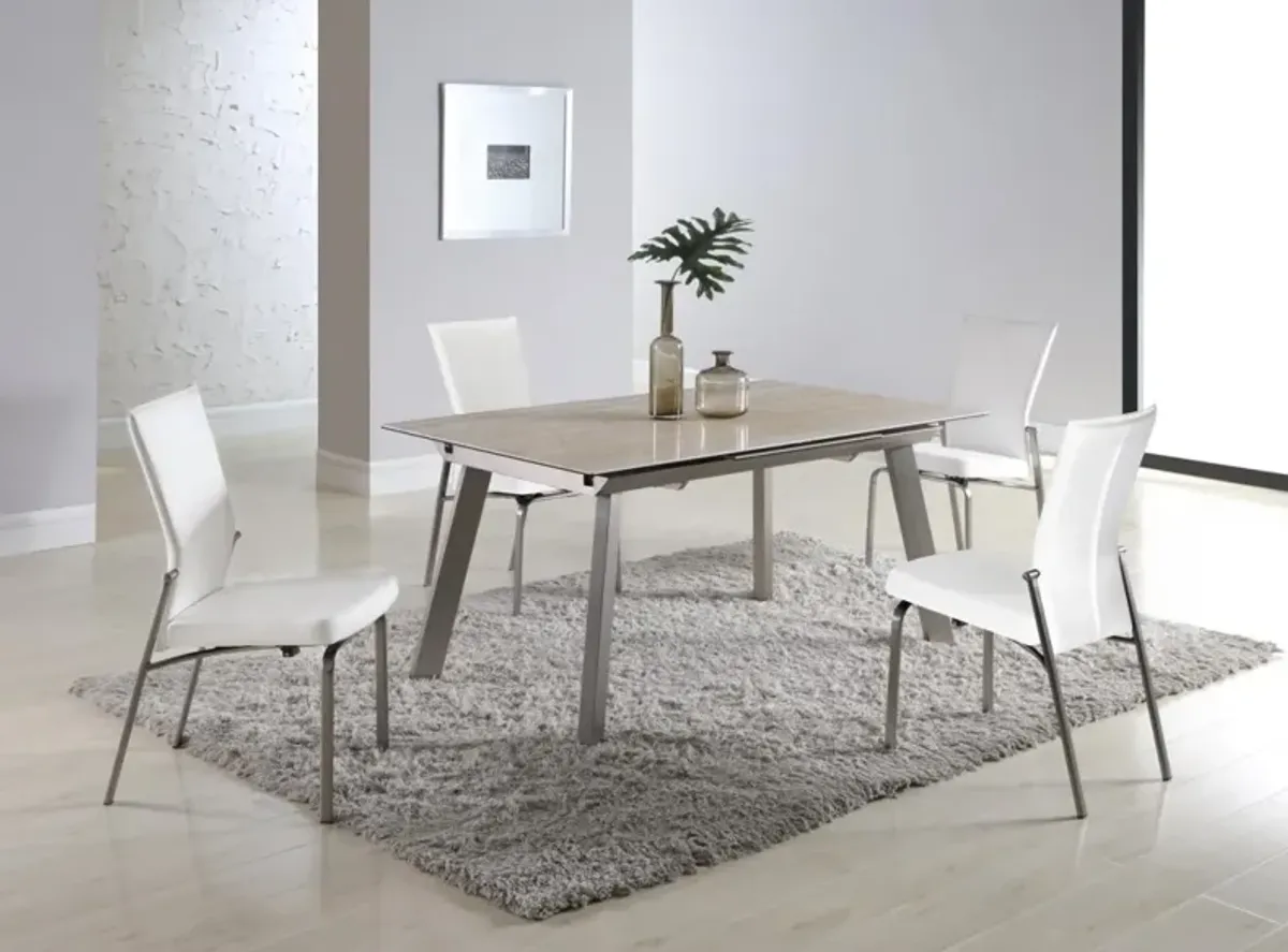 ELEANOR GLASS & CERAMIC DINING TABLE WITH POP UP EXTENSION