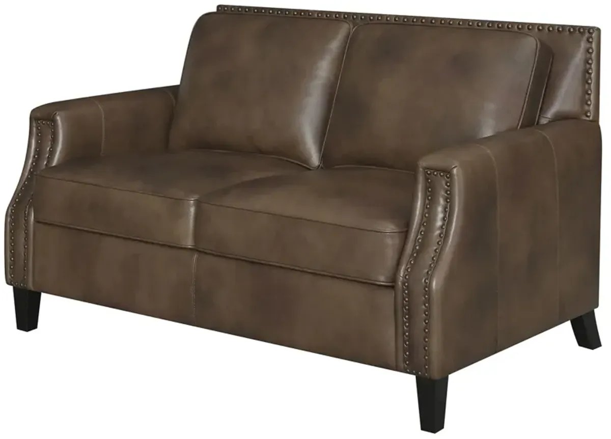 Coaster Leaton Upholstered Recessed Arm Loveseat Brown Sugar