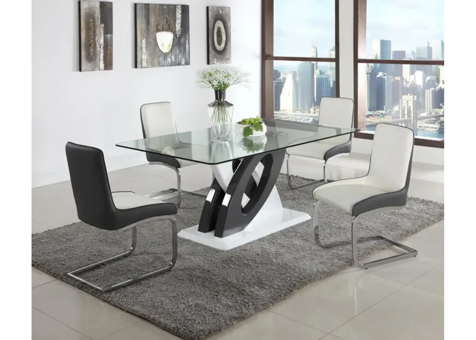 Chintaly Stella Modern Dining Set with Glass Table & 2-Tone Chairs