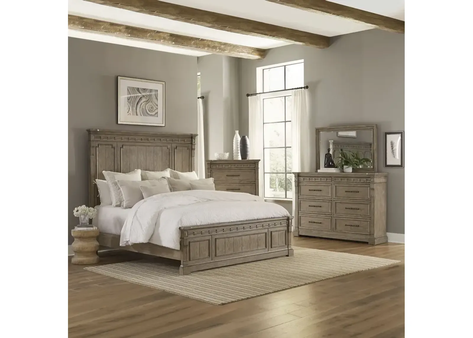 Liberty Furniture Complete Queen Bedroom Set Panel Bed, Dresser, Mirror & Chest Town Country