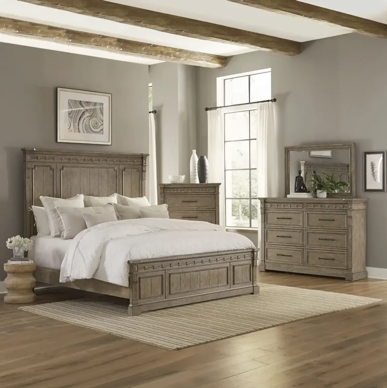 Liberty Furniture Complete Queen Bedroom Set Panel Bed, Dresser, Mirror & Chest Town Country