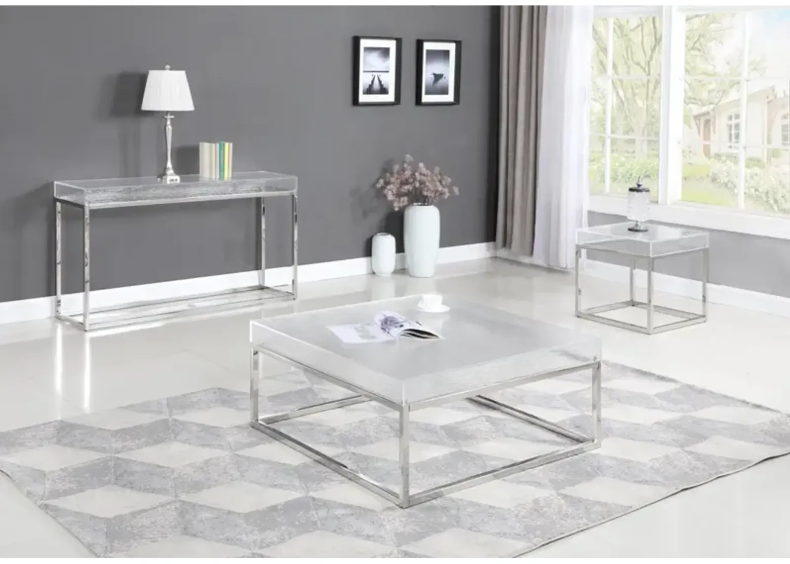 VALERIE CONTEMPORARY SOFA TABLE WITH ACRYLIC TOP & STAINLESS STEEL FRAME