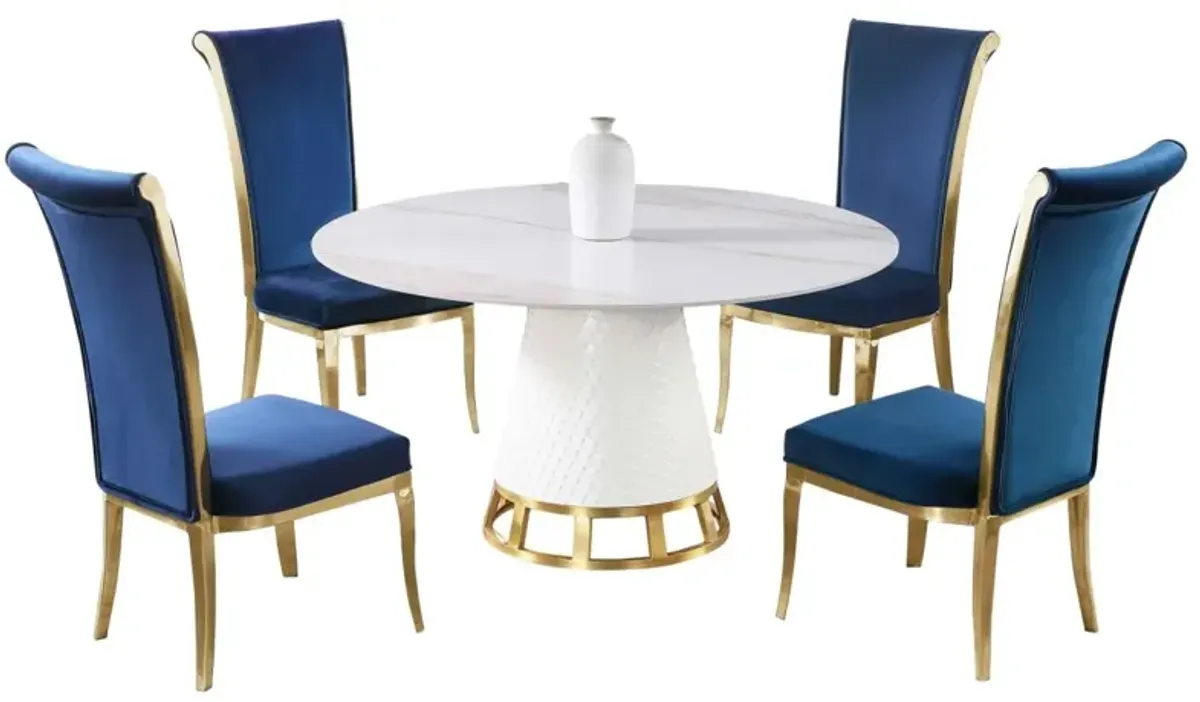 Chintaly Khloe Blue/Brushed Gold Dining Set with Sintered Stone Wooden & Golden Table with High Back Golden Frame Side Chairs