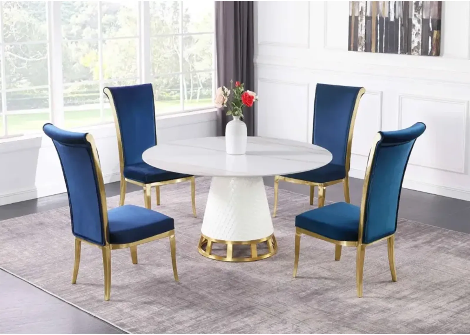 Chintaly Khloe Blue/Brushed Gold Dining Set with Sintered Stone Wooden & Golden Table with High Back Golden Frame Side Chairs