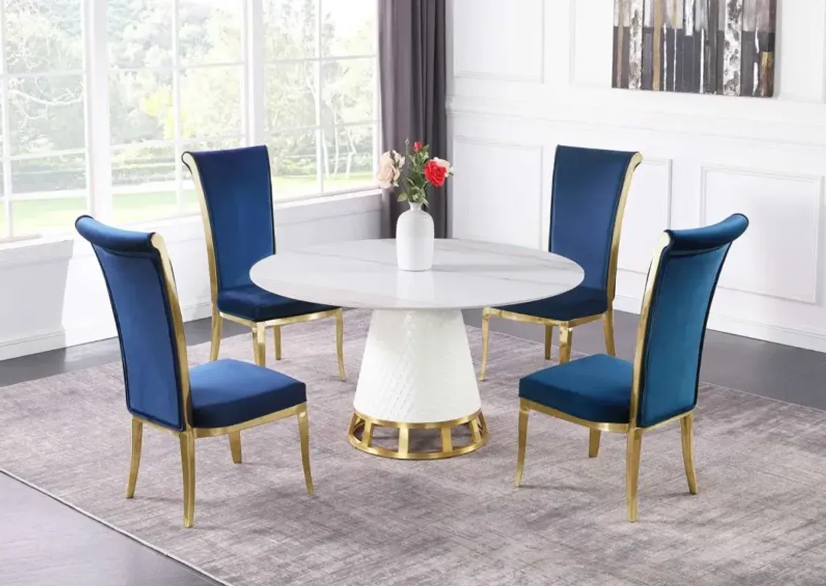 Chintaly Khloe Blue/Brushed Gold Dining Set with Sintered Stone Wooden & Golden Table with High Back Golden Frame Side Chairs