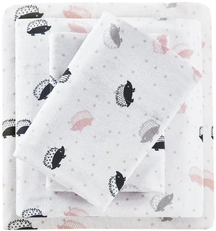 INTELLIGENT DESIGN FULL PINK/GREY HEDGEHOGS COZY SOFT COTTON NOVELTY PRINT FLANNEL SHEET SET