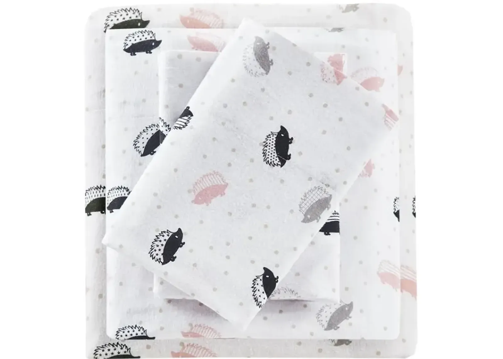 INTELLIGENT DESIGN FULL PINK/GREY HEDGEHOGS COZY SOFT COTTON NOVELTY PRINT FLANNEL SHEET SET